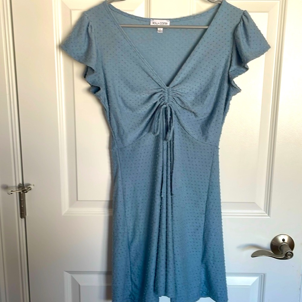 NWOT Blue Mini Dress with Swiss Dots and Bow/Tie, Low Cut